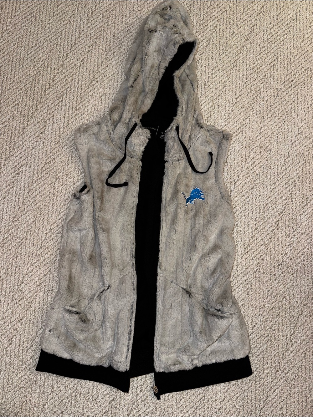 Detroit Lions Gray Faux Fur Hooded Vest
